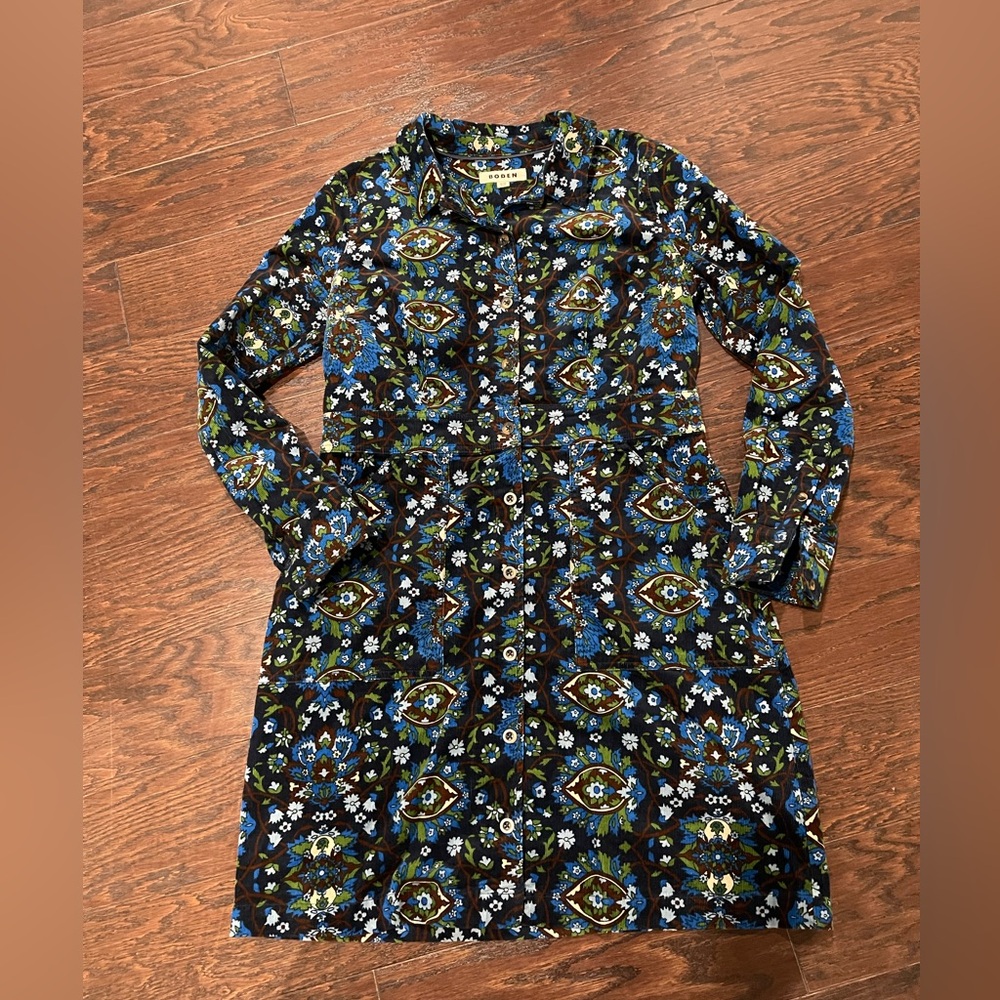 Boden Black Blue Green Floral Button-Front Dress